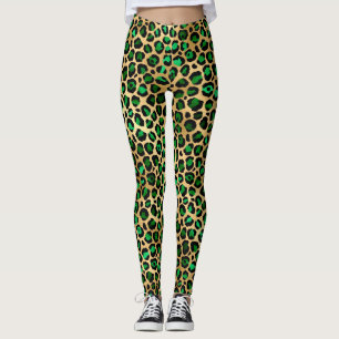 Stijlvolle donkergroene en gouden folie luipaardvl leggings