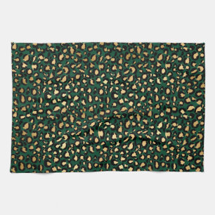 Stijlvolle donkergroene en gouden folie luipaardvl theedoek