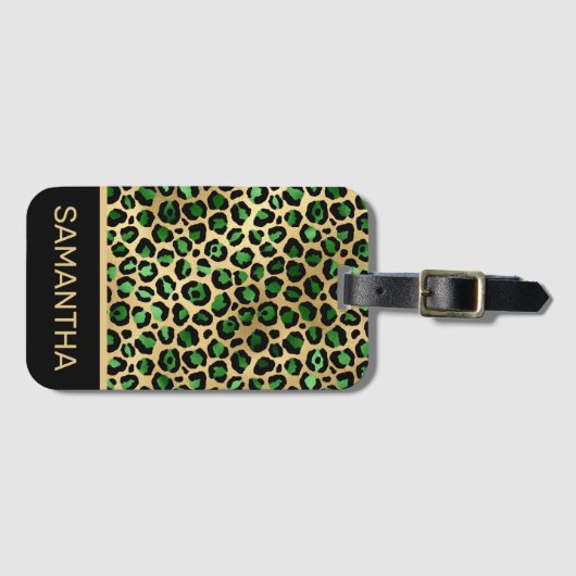 Stijlvolle, donkergroene en goudoliepleopardspots bagagelabel (Voorkant (horizontaal))