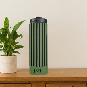 Stijlvolle, donkergroene en zwarte stripes monogra thermosbeker