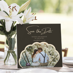 Stijlvolle donkergroene foto save the date kaart
