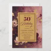 Stijlvolle donkerrode blush gouden rozen 50e verja kaart (Voorkant)