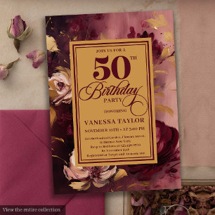 Stijlvolle donkerrode blush gouden rozen 50e verja kaart