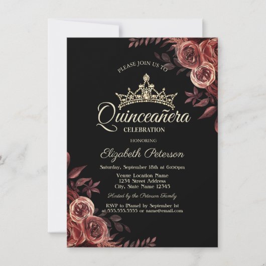 Stijlvolle donkerrode rozen gotische Quinceañera Kaart (Voorkant)