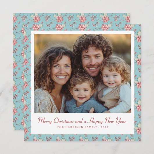 Stijlvolle Duck Egg Blauw en Roze Holly Foto Feestdagenkaart (Voorkant / Achterkant)