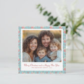 Stijlvolle Duck Egg Blauw en Roze Holly Foto Feestdagenkaart (Staand voorkant)