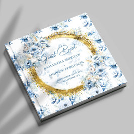 Stijlvolle Dusty Blue Gold Glitter Wedding Guest B Gastenboek