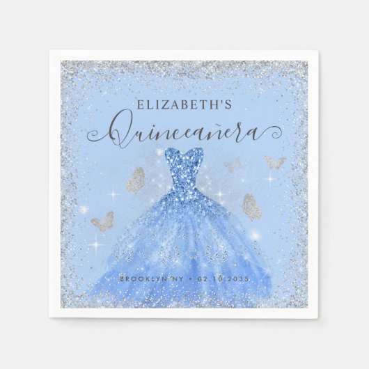 Stijlvolle Dusty Blue Silver Glitter Gown Quinceañ Servet (Voorkant)