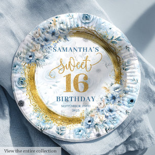 Stijlvolle Dusty Blue Sweet 16 Gold Glitter Borden Papieren Bordje