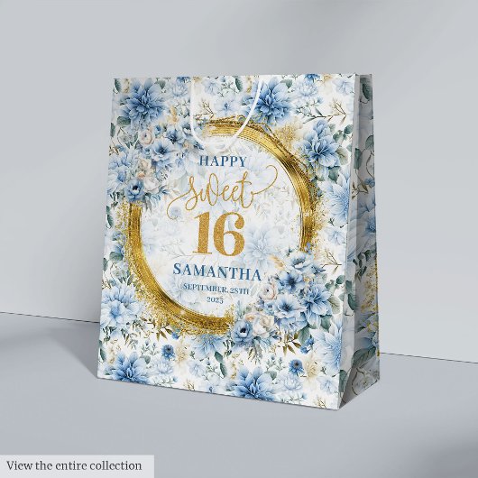 Stijlvolle Dusty Blue Sweet 16 Gold Glitter Gift B Medium Cadeauzakje