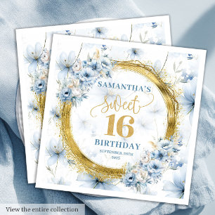 Stijlvolle Dusty Blue Sweet 16 Gold Glitter servet
