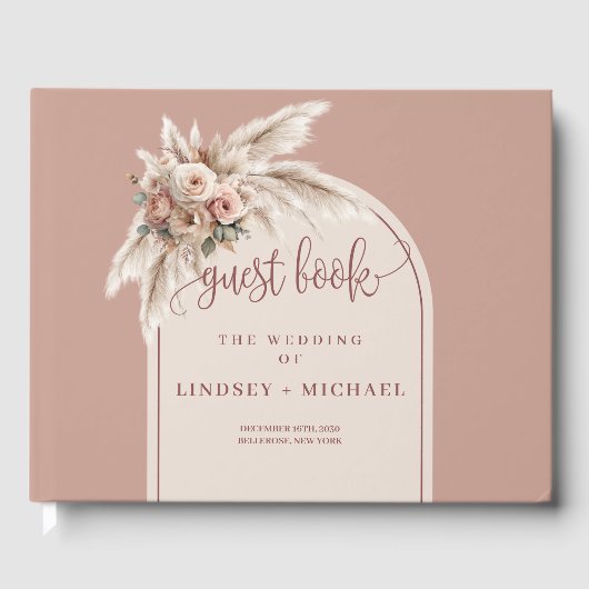 Stijlvolle Dusty Pink Rose Pampas Arch Floral Wedd Gastenboek (Voorkant)
