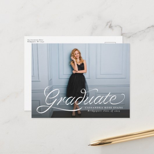 Stijlvolle één foto afstuderen aankondiging briefkaart (Voorkant / Achterkant in situ)