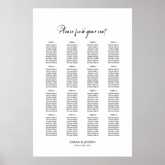 Stijlvolle eenvoudige 16 Tafel Trouwstoel Grafiek Poster (Voorkant)