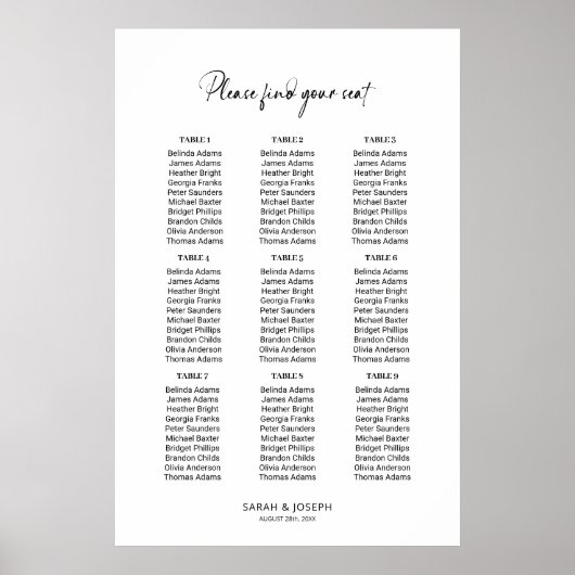 Stijlvolle Eenvoudige 9 Tafel Trouwstoel Grafiek Poster (Voorkant)