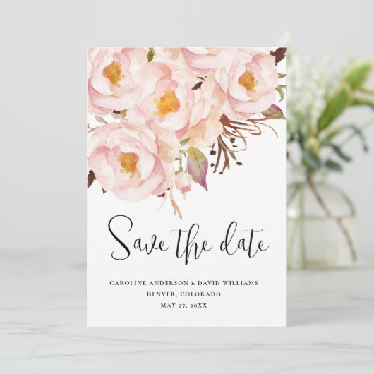 Stijlvolle Eenvoudige Roze Bloemen Foto Dubbelzijd Save The Date (Staand voorkant)