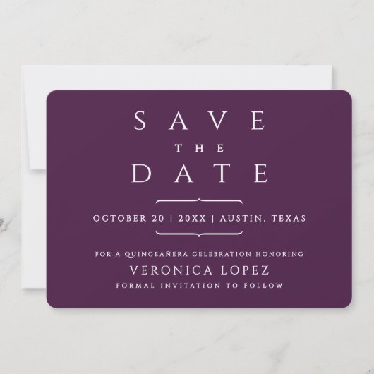 Stijlvolle Elegant Classic Dark Paarse Quinceañera Save The Date (Voorkant)