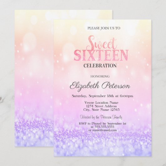 Stijlvolle Elegant Ombre Glitter Bokeh Sweet 16 Kaart (Voorkant / Achterkant)