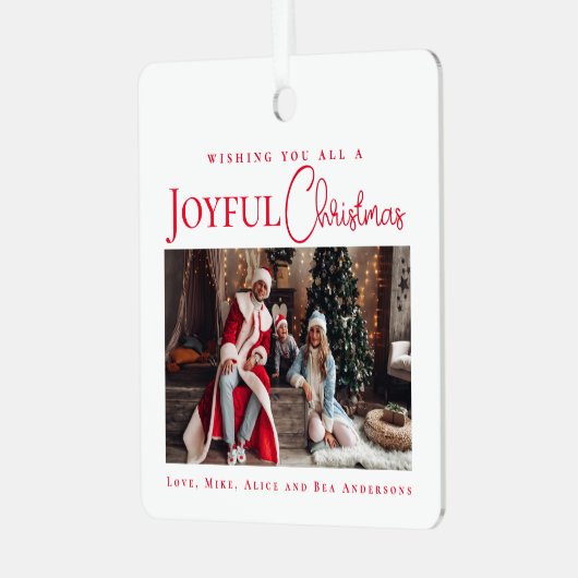Stijlvolle Elegant Red Merry Christmas familiefoto Metalen Ornament (Voorkant links)