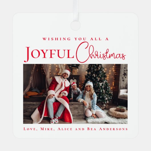 Stijlvolle Elegant Red Merry Christmas familiefoto Metalen Ornament (Voorkant)