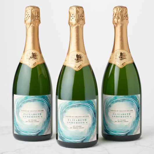 Stijlvolle elegante kust turquoise oceaan golf sparkling wijnetiket (Flessen)