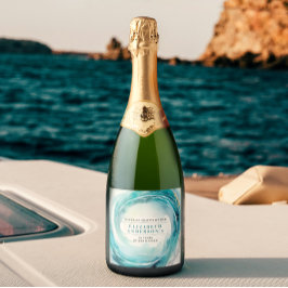 Stijlvolle elegante kust turquoise oceaan golf sparkling wijnetiket