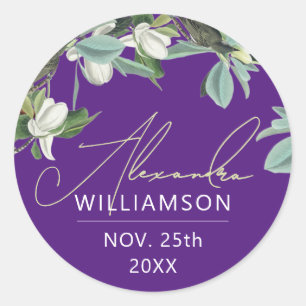 Stijlvolle Elegante Naam Datum Paarse Botanische B Ronde Sticker
