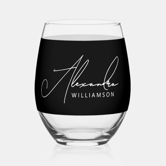 Stijlvolle elegante naam zwart-wit kalligrafie wijnglas zonder voet (Voorkant)