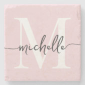 Stijlvolle Elegante Roze Roos Monogram Naam Script Stenen Onderzetter (Voorkant)