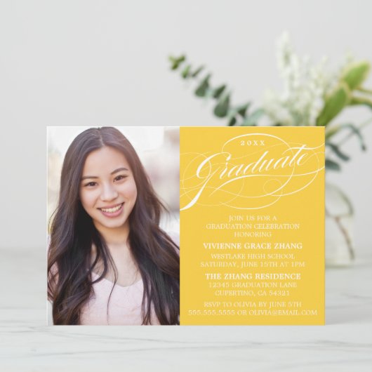 STIJLVOLLE ELEGANTE SCRIPT AFSTUDEREN PARTY INVITA KAART (Staand voorkant)