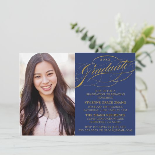 STIJLVOLLE ELEGANTE SCRIPT AFSTUDEREN PARTY INVITA KAART (Staand voorkant)