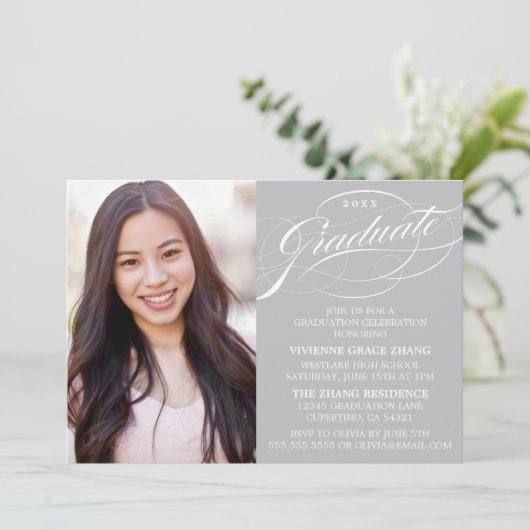 STIJLVOLLE ELEGANTE SCRIPT AFSTUDEREN PARTY INVITA KAART (Staand voorkant)