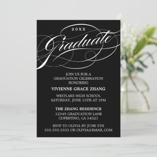 STIJLVOLLE ELEGANTE SCRIPT AFSTUDEREN PARTY INVITA KAART (Staand voorkant)
