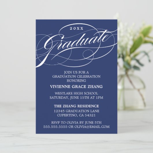 STIJLVOLLE ELEGANTE SCRIPT AFSTUDEREN PARTY INVITA KAART (Staand voorkant)