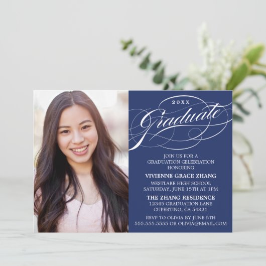 STIJLVOLLE ELEGANTE SCRIPT AFSTUDEREN PARTY INVITA KAART (Staand voorkant)