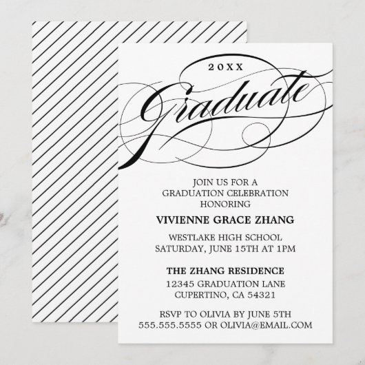 STIJLVOLLE ELEGANTE SCRIPT AFSTUDEREN PARTY INVITA KAART (Voorkant / Achterkant)