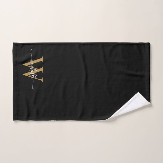 Stijlvolle Elegante Script Zwart Gouden Monogram N Handdoek (Handdoek)