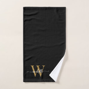 Stijlvolle Elegante Script Zwarte Gouden Monogram  Handdoek