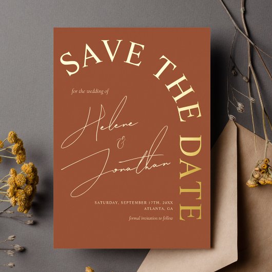 Stijlvolle elegante terracotta bruiloft save the d folie uitnodiging