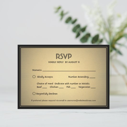 Stijlvolle Elegante Zwart en Goud met Keuze uit Ma RSVP Kaartje (Staand voorkant)