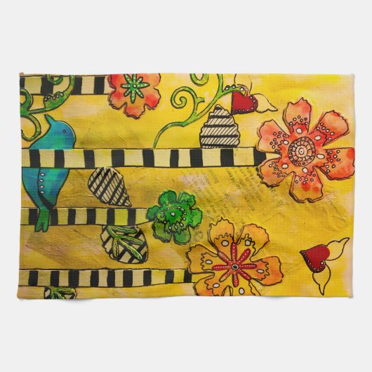 Stijlvolle en trendy vogel en bloemen keukenhanddo theedoek (Horizontaal)