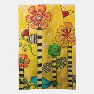 Stijlvolle en trendy vogel en bloemen keukenhanddo theedoek