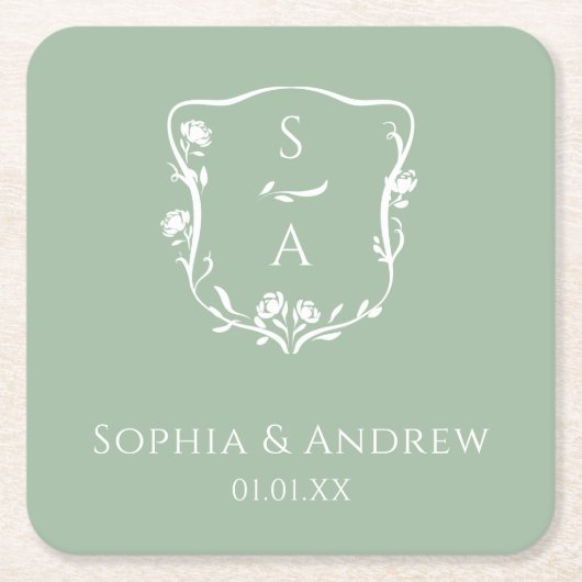 Stijlvolle Eucalyptus Monogram Roos Crest Wedding Kartonnen Onderzetters (Voorkant)