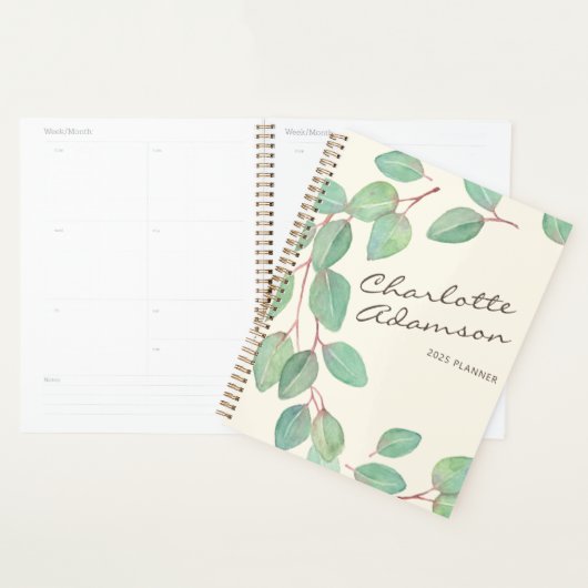 Stijlvolle Eucalyptus Waterverf Custom Name 2025 Planner (Display)