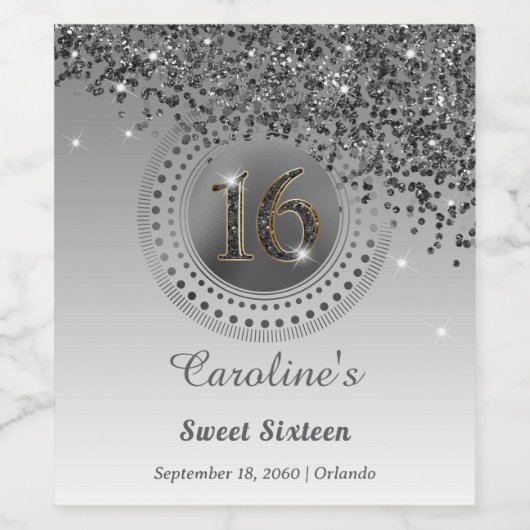 Stijlvolle Falling Black Glitter 16e verjaardag Wijn Etiket (Enkel label)