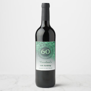 Stijlvolle Falling Green Glitter 60e verjaardag Wijn Etiket