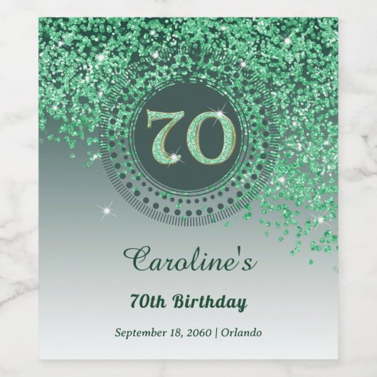 Stijlvolle Falling Green Glitter 70e verjaardag Wijn Etiket (Enkel label)