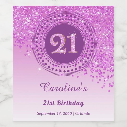 Stijlvolle Falling Pink Glitter 21e verjaardag Wijn Etiket (Enkel label)