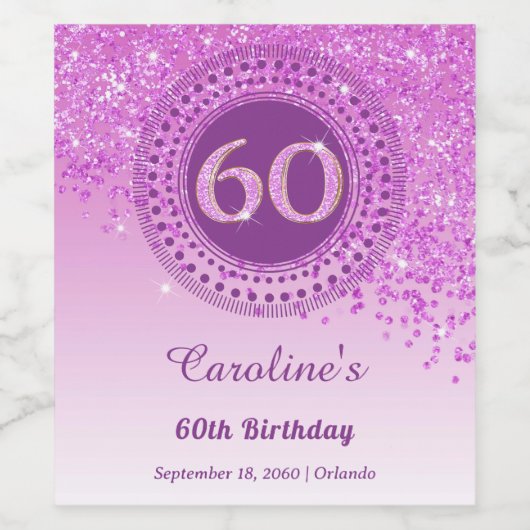 Stijlvolle Falling Pink Glitter 60e verjaardag Wijn Etiket (Enkel label)