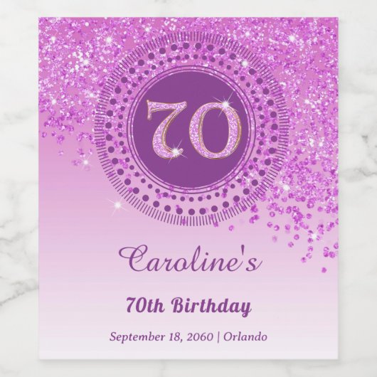 Stijlvolle Falling Pink Glitter 70e verjaardag Wijn Etiket (Enkel label)